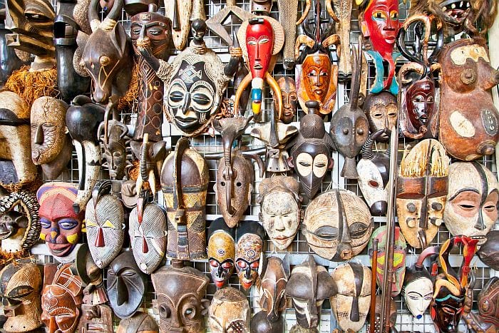 Old african masks for sale at market in Nairobi, Kenya. Africa.
