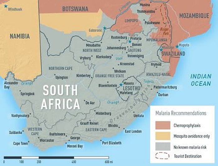 Malarial areas in South Africa