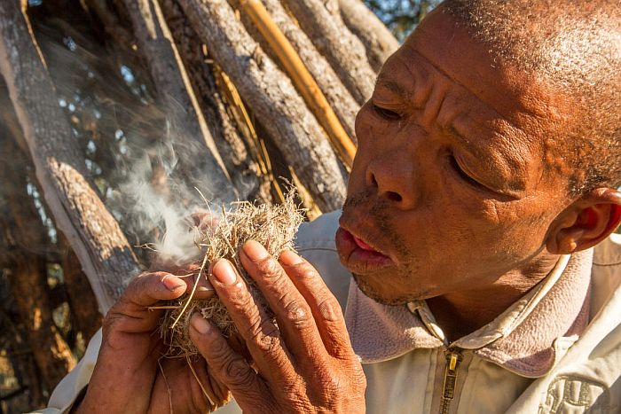 Leaning how the Bushmen create fire in the Central Kalahari